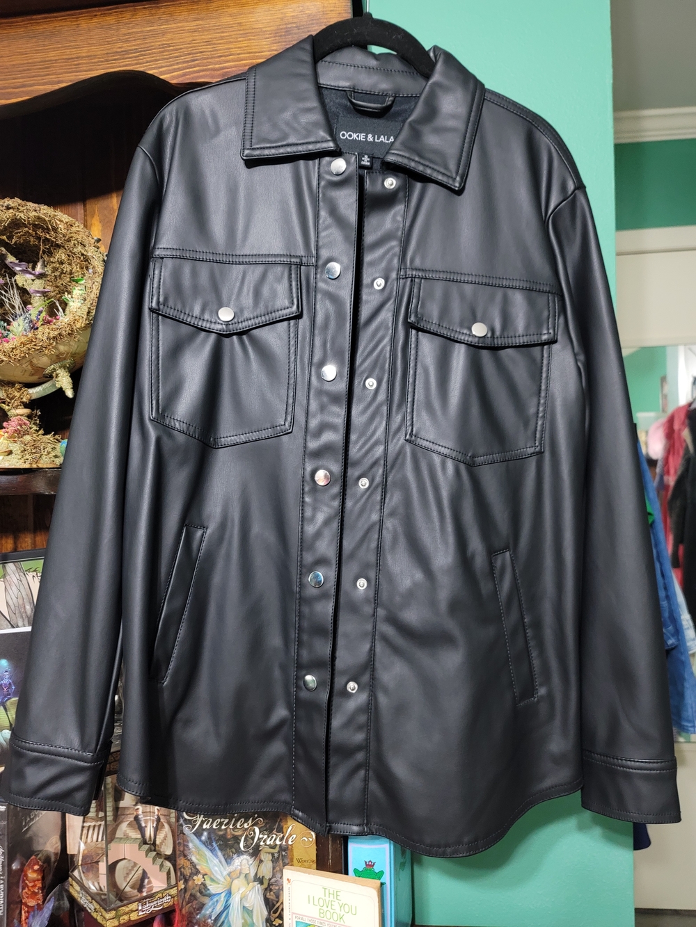 Black Faux Leather Button-Up Jacket